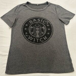 Grey Basic witch Starbucks shirt 
S-M 21” across chest